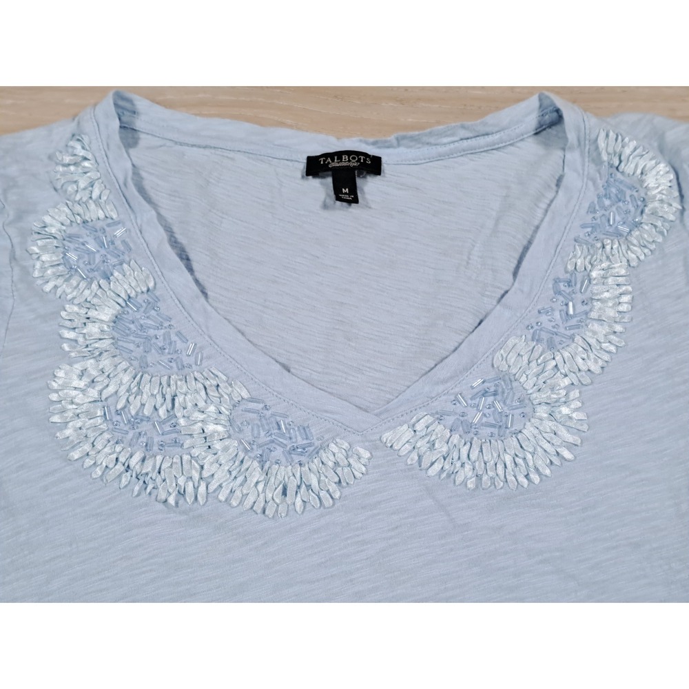 Talbots Womens Light Blue Beaded V-Neck Cotton Slub Knit T-Shirt Size M